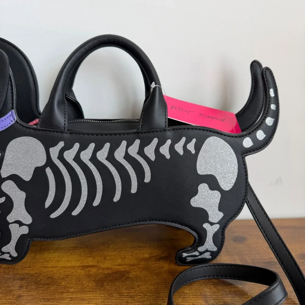 New Betsey Johnson Skeleton Dachshund Dog Satchel Crossbody Handbag Halloween